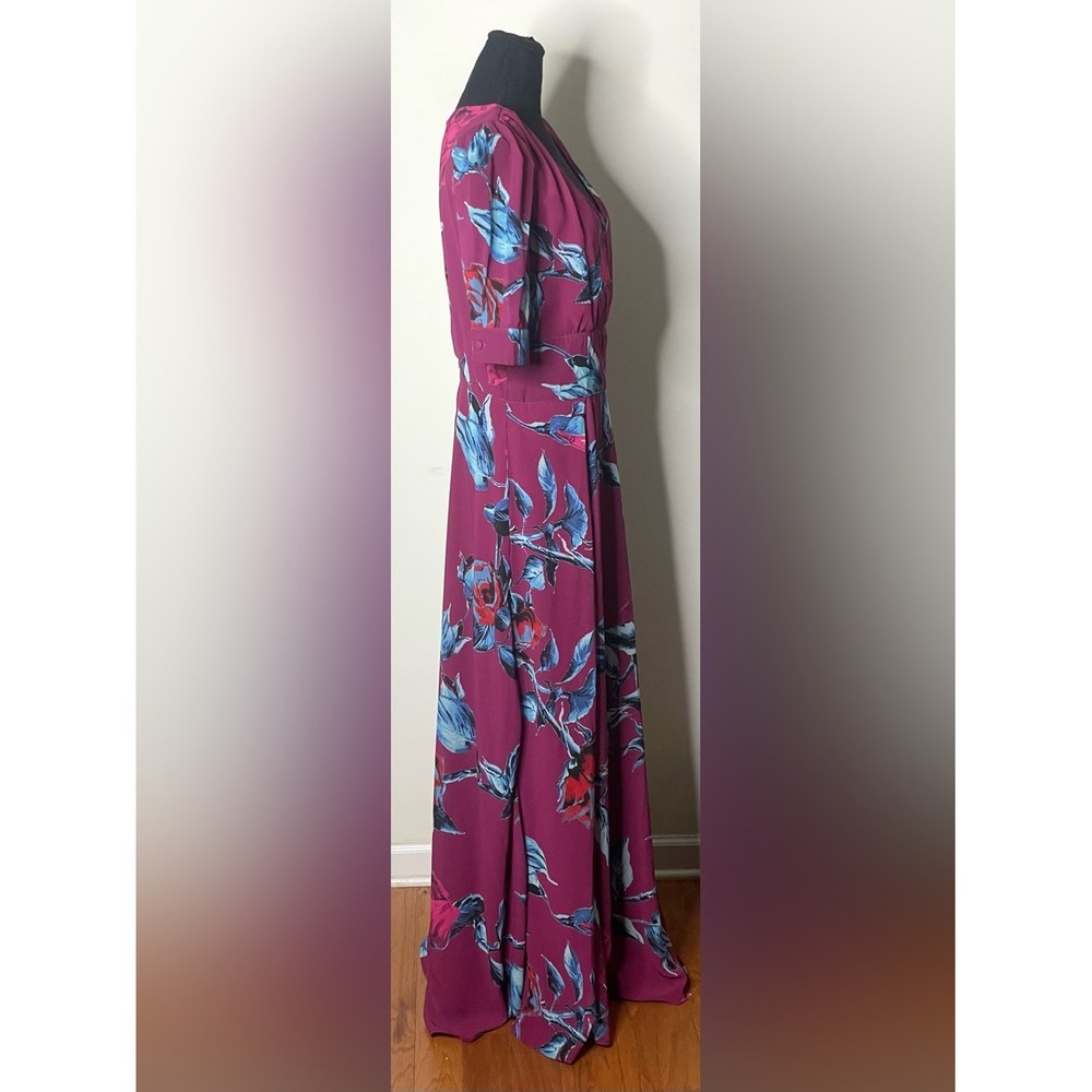 Eshakti-‎ Plum Floral Rose V-Neck Maxi Dress Short Puff Sleeve Special Occasion - Picture 3 of 12